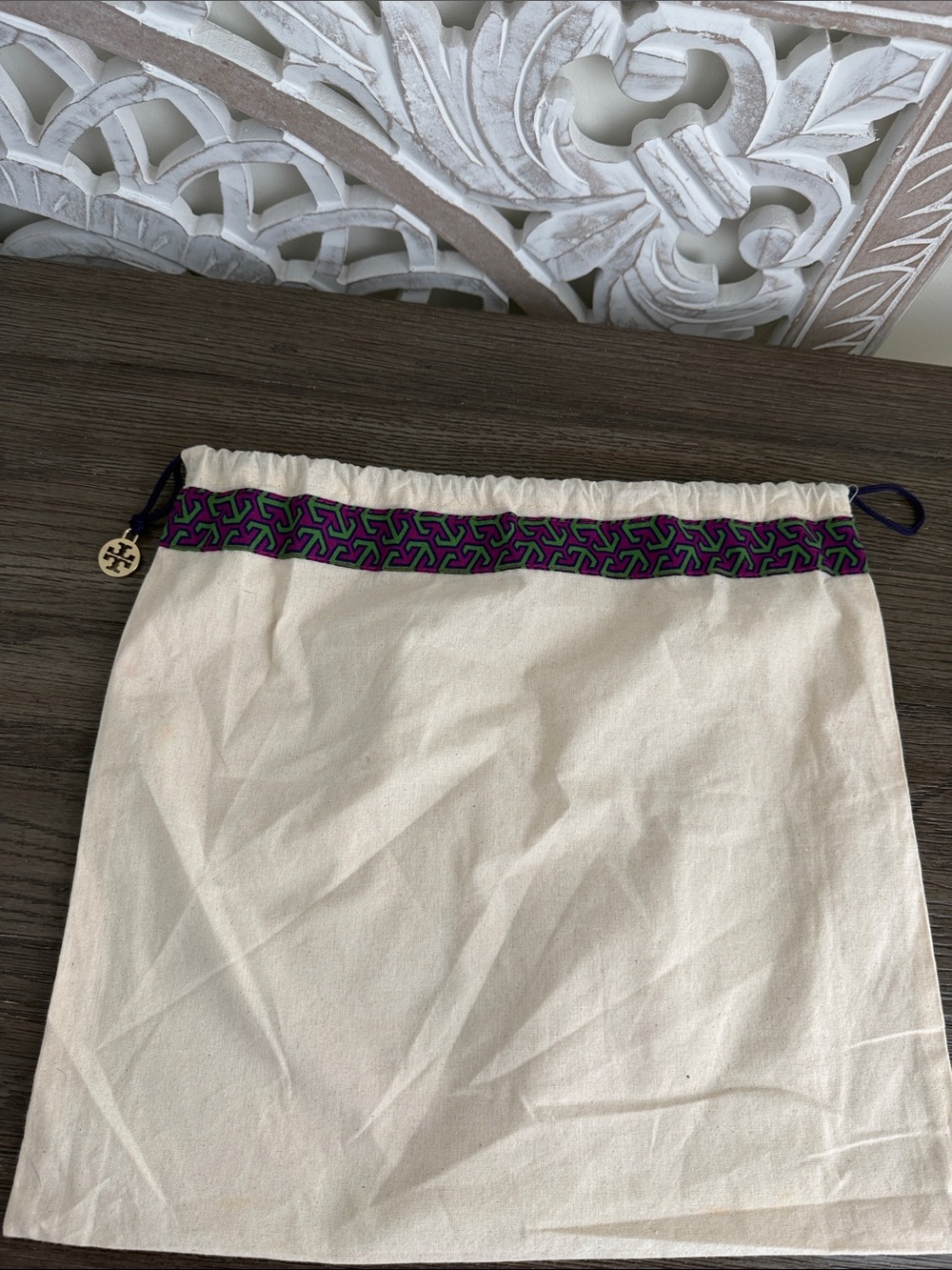 Tory Burch Cream Drawstring Dust Bag with Purple & Green Trim